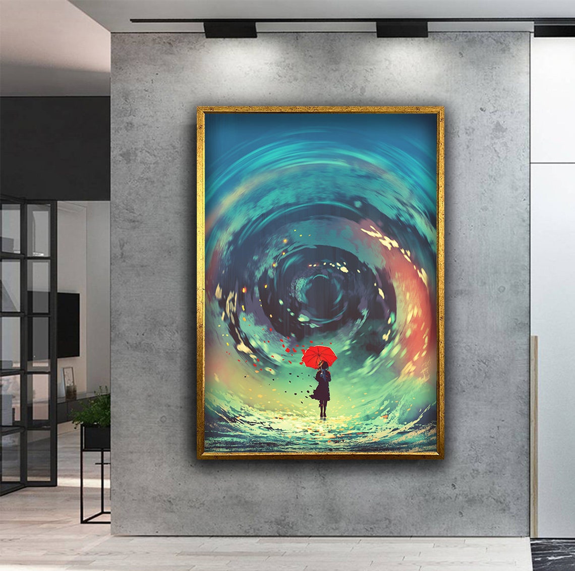 Fantasy Girl with Red Umbrella Colorful Swirling Storm Sky Art Print - Image 3