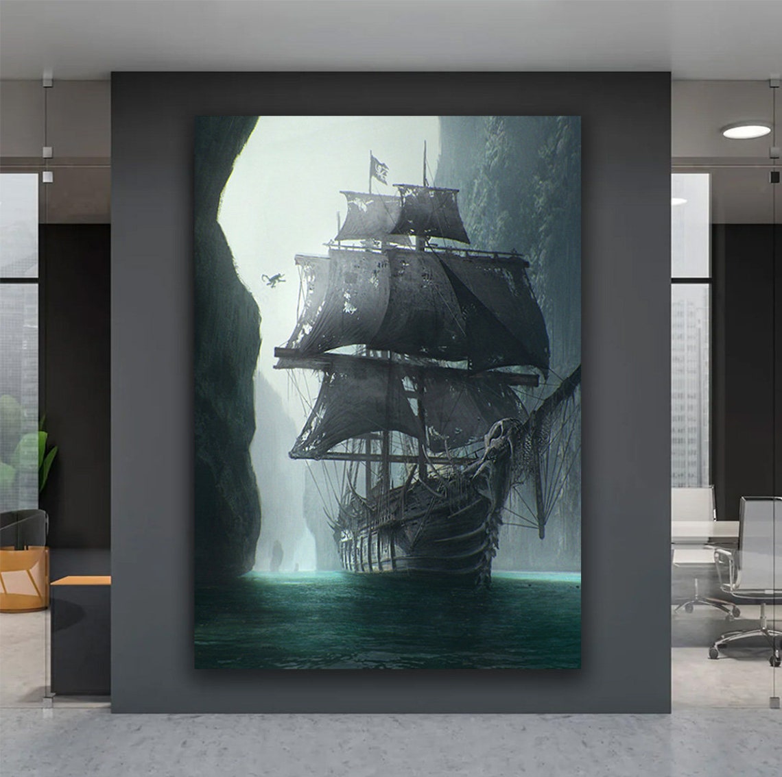Misty Ghost Pirate Ship with Tattered Sails Dark Ocean Art Print