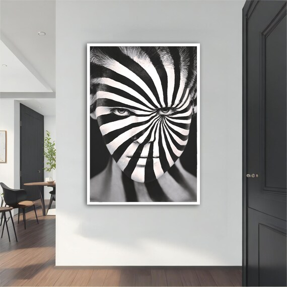 Hypnotic Spiral Face Paint Black White Woman Portrait Wall Art