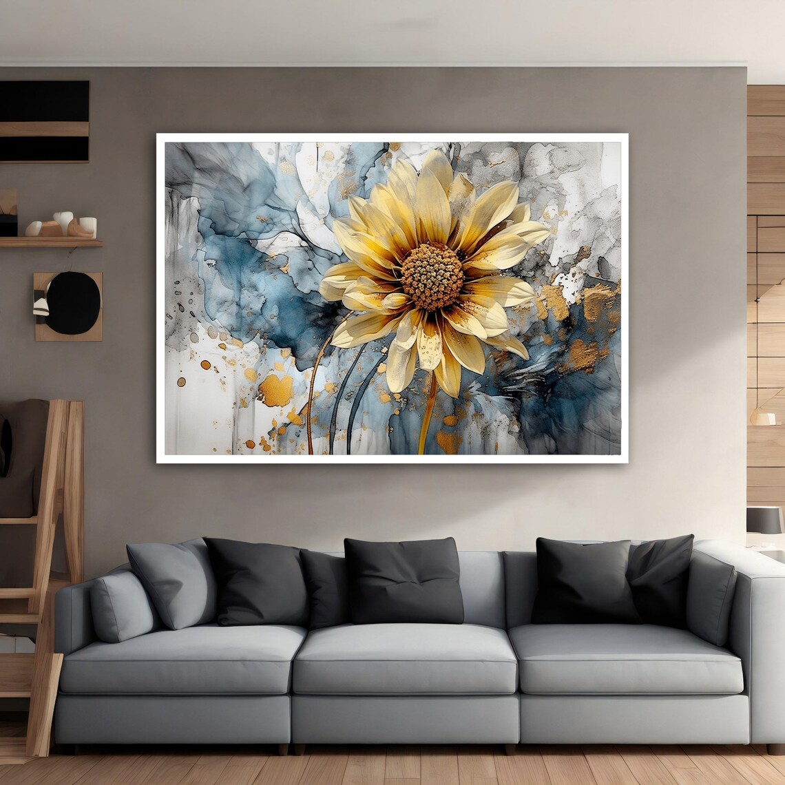 Golden Yellow Flower Watercolor Blue Abstract Floral Wall Art - Image 5