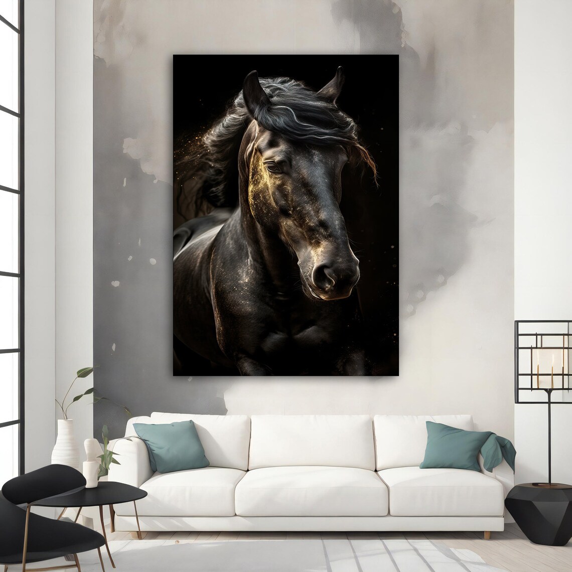 Black Horse Portrait Dark Background Golden Light Animal Poster - Image 4