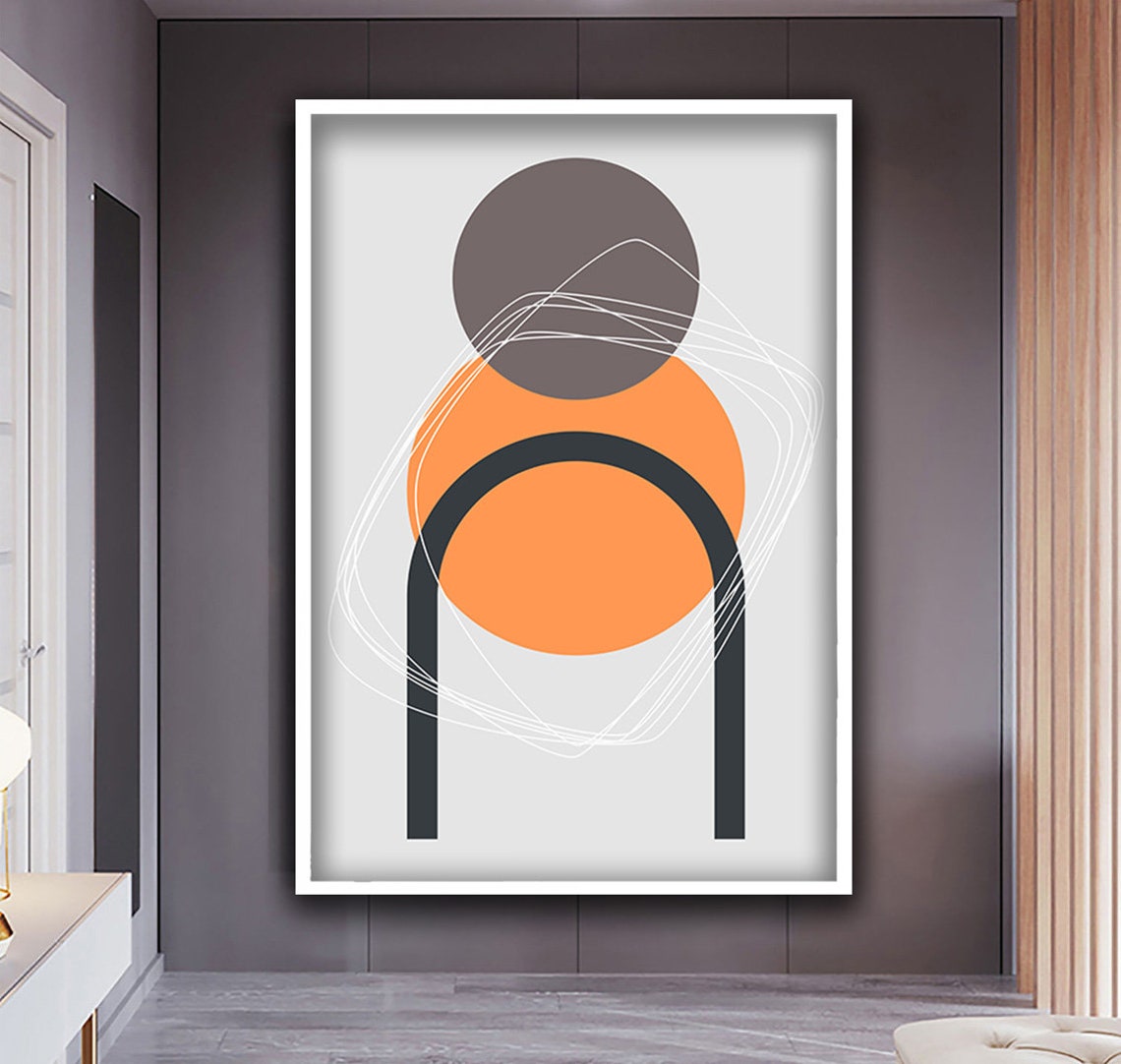 Boho Geometric Line Art Orange Grey Minimalist Circle Arch Print - Image 3