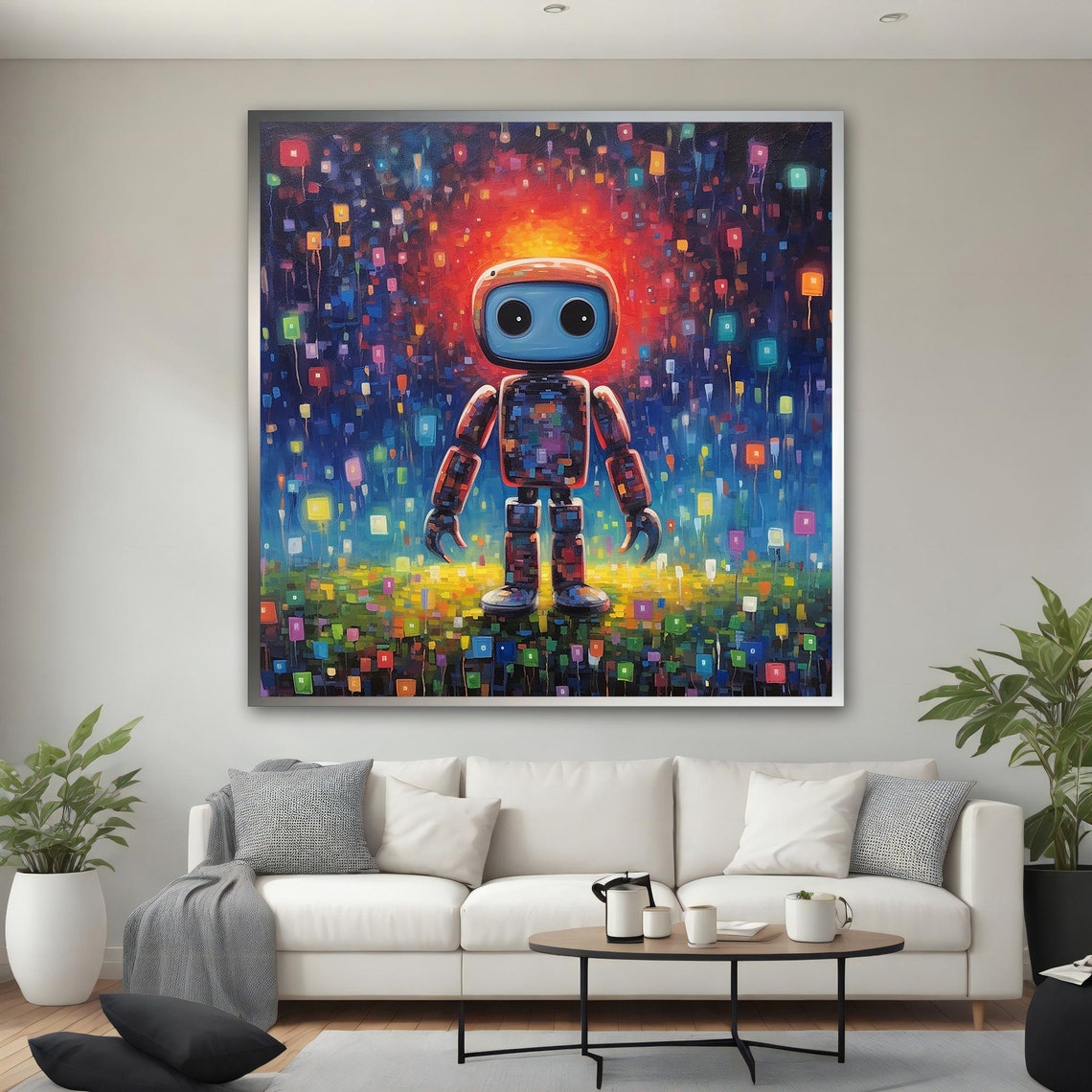 Cute Little Robot Colorful Rain Night Lights Whimsical Art Poster - Image 3