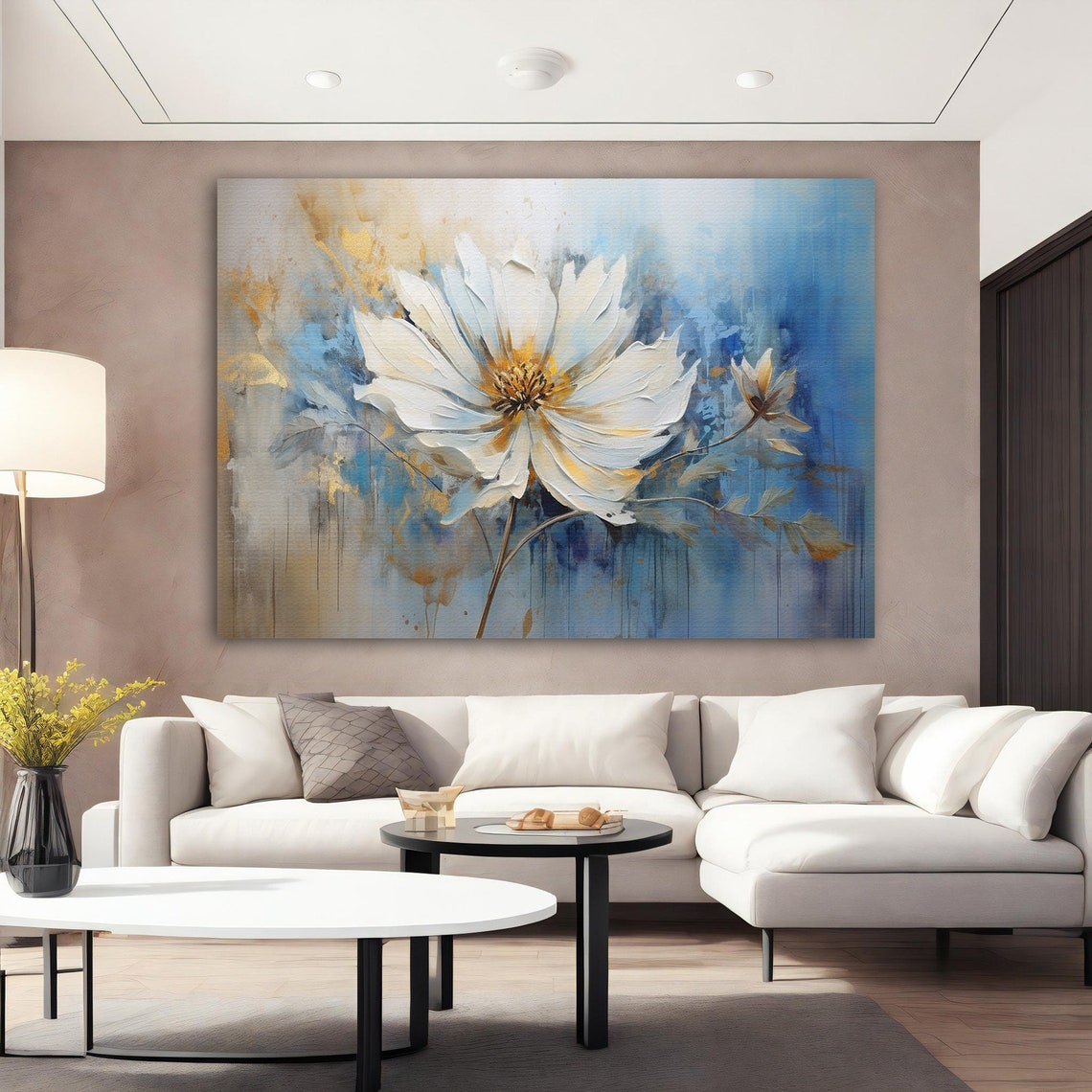 Large White Daisy Gold Center Blue Cream Abstract Floral Poster - Image 3