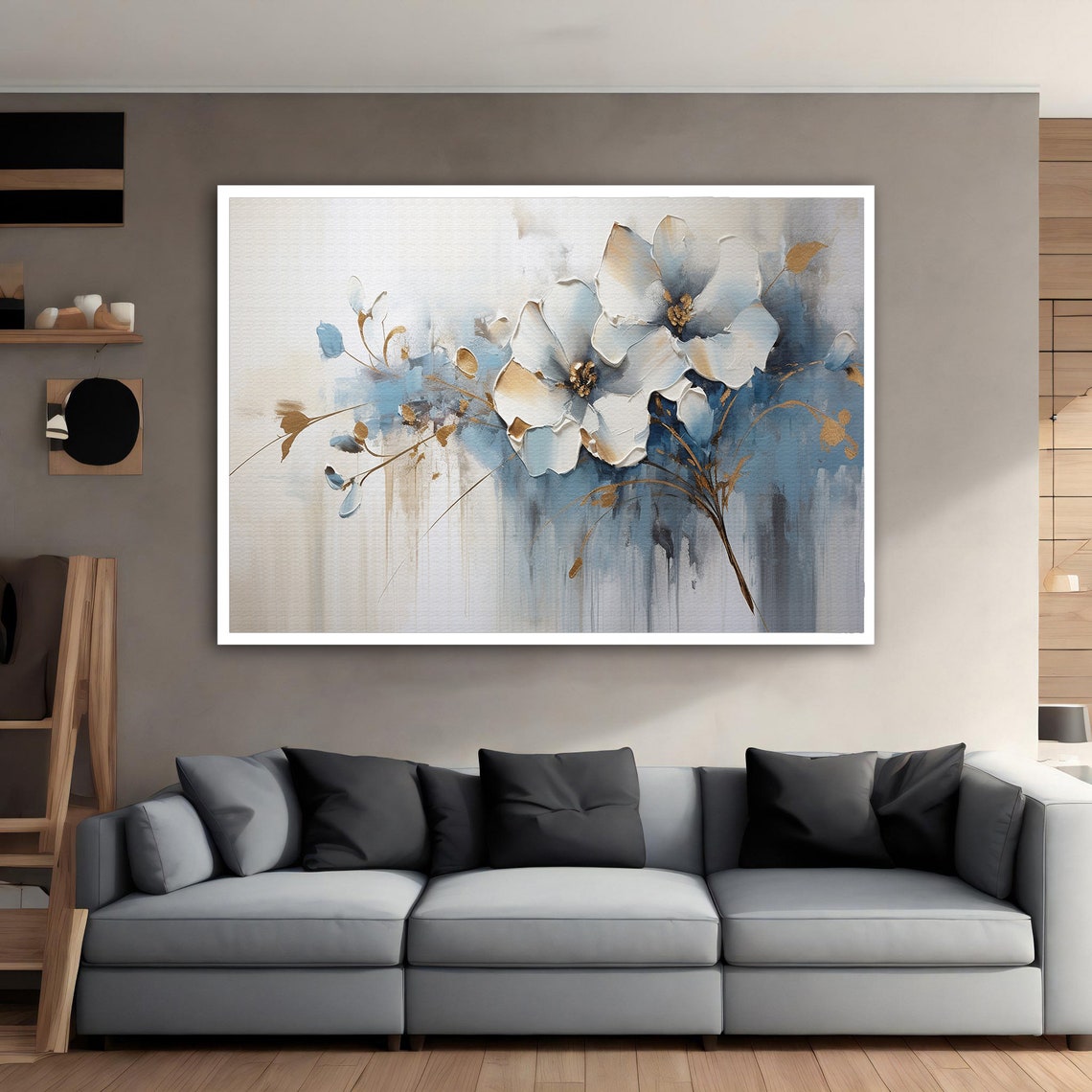 Delicate White Blue Flowers Gold Accents Soft Floral Art Poster - Image 5