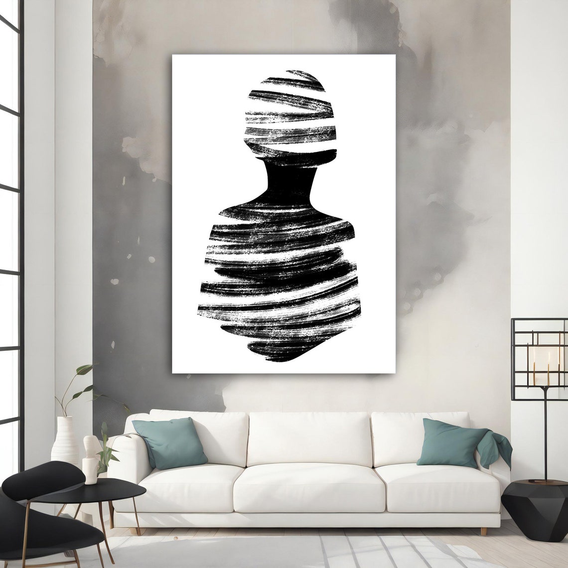 Minimalist Black White Striped Woman Silhouette Abstract Wall Art - Image 5