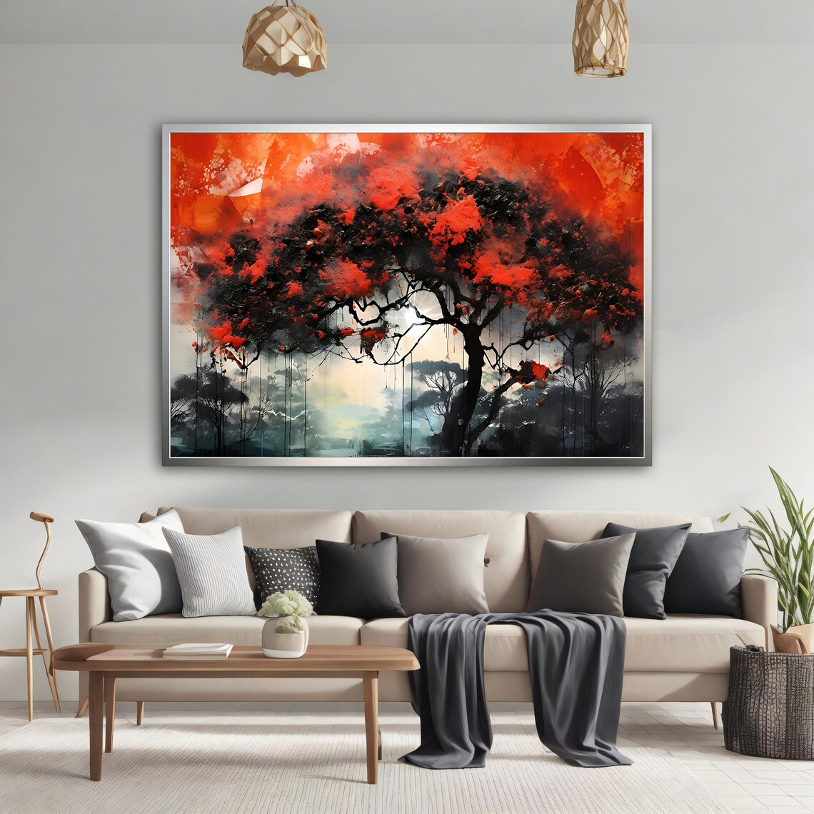 Red Tree Painting Red Tree In The Forest Wall Decor Tree Print Art Nature Painting Landscape Art - Image 2