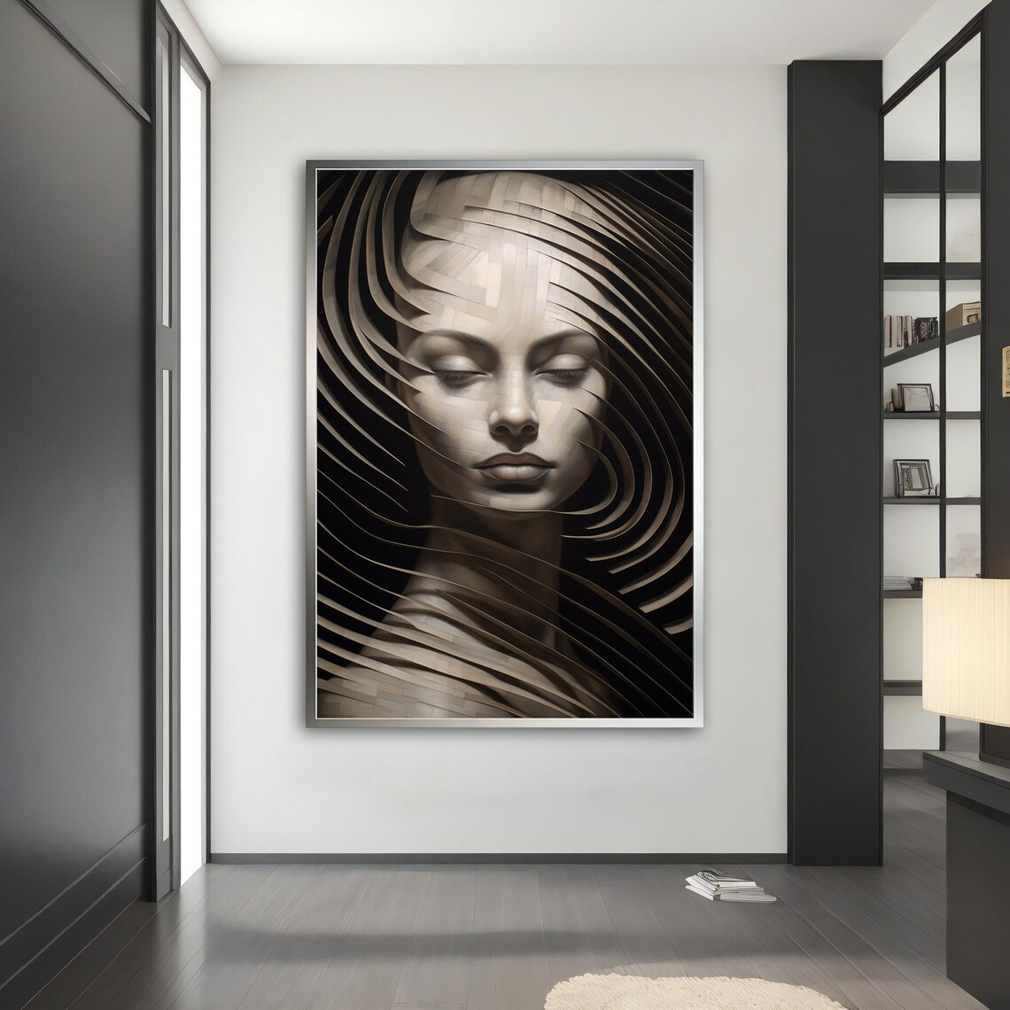 Surreal Monochrome Woman Face Ribbon Swirl Modern Art Poster - Image 4