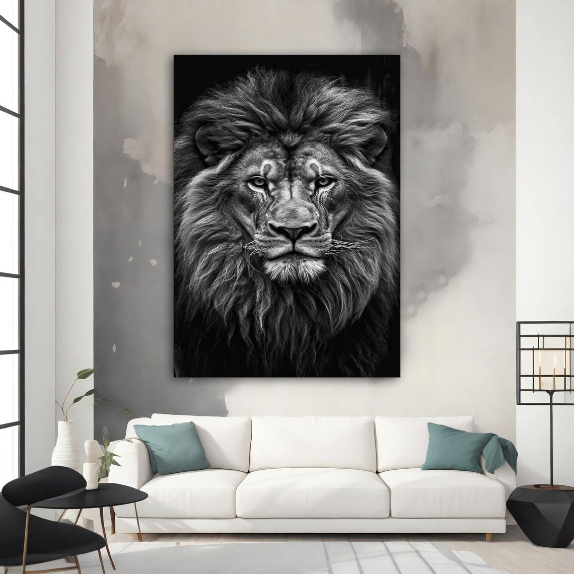 Black And White Lion Portrait Majestic Mane Monochrome Wildlife Art Poster - Image 3
