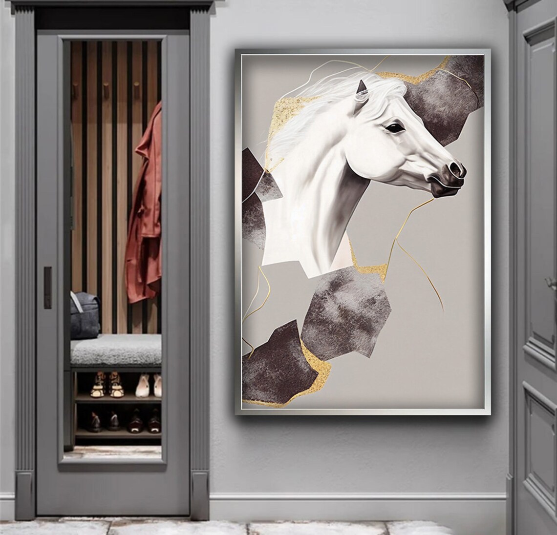 Elegant White Horse Portrait Gold Geometric Modern Animal Wall Poster - Image 5