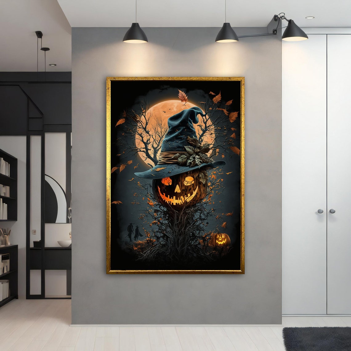 Halloween Pumpkin Scarecrow Witch Hat Full Moon Spooky Wall Art - Image 4