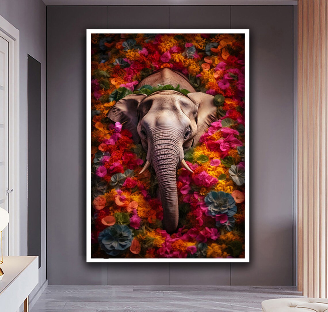 Elephant Among Colorful Flowers Head On Vibrant Floral Animal Art Poster - Image 2