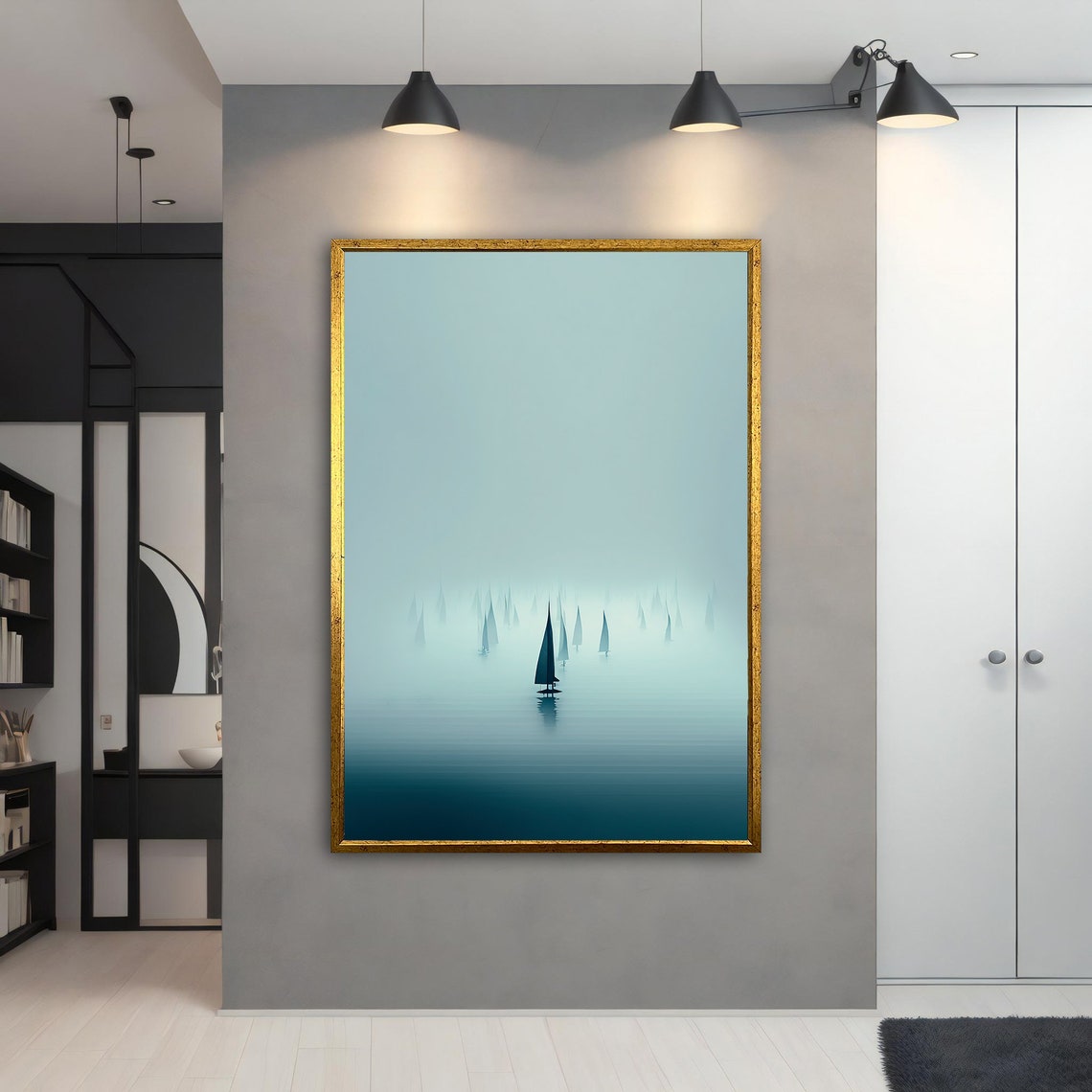 Ship Painting Foggy Sea Art Pirate Ship Painting Rowing Boat Art Sailing Wall Art Sailboat Rolled Art Ships At Sea Print - Image 4