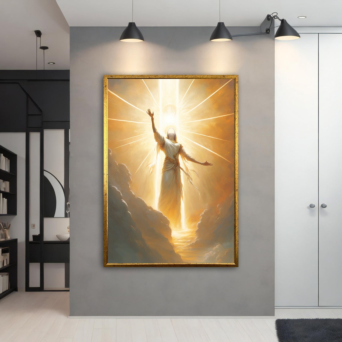 Bright Angel Ascending in Golden Light Clouds Heavenly Art Poster - Image 4