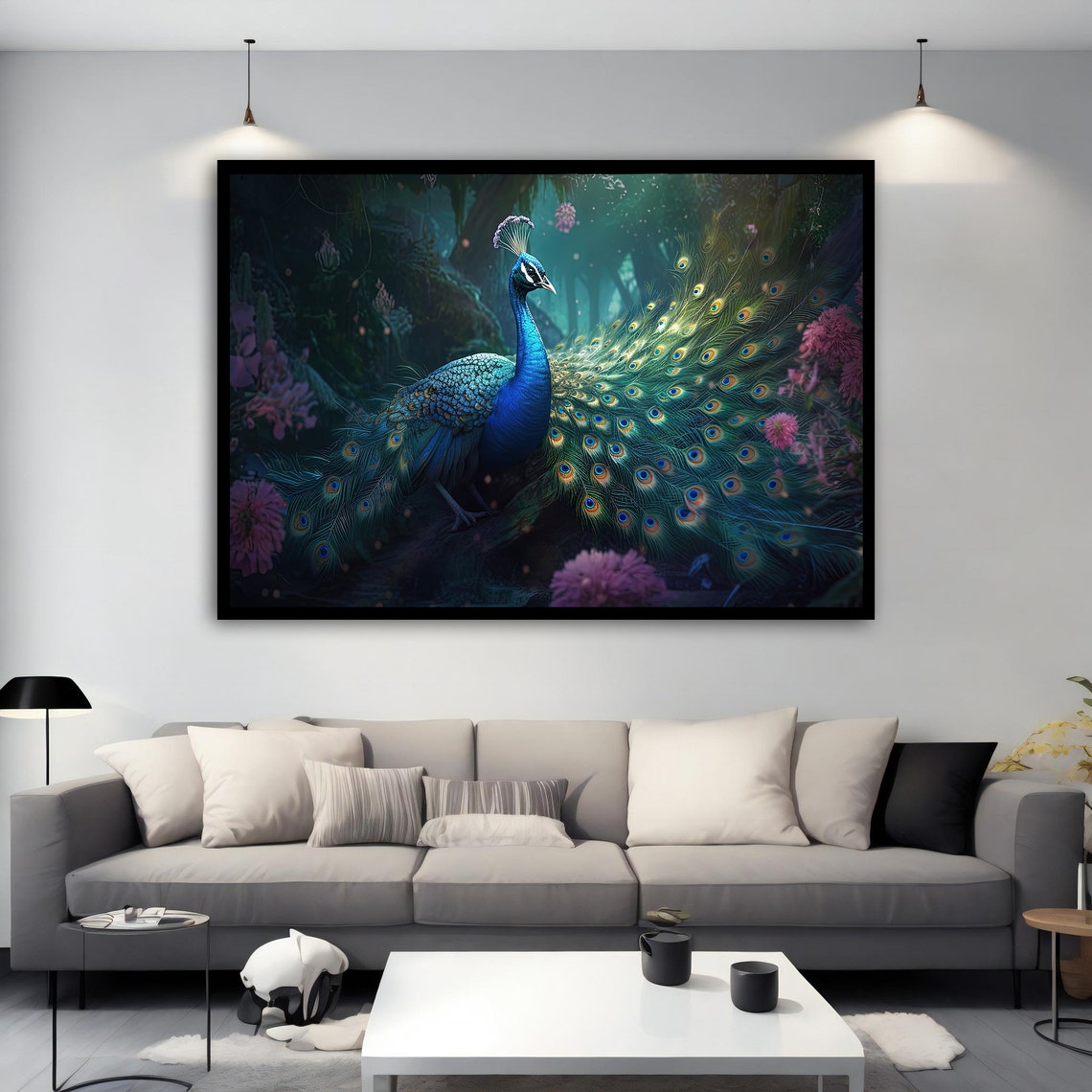 Blue Peacock Dark Forest Pink Flowers Elegant Wildlife Art Poster - Image 2