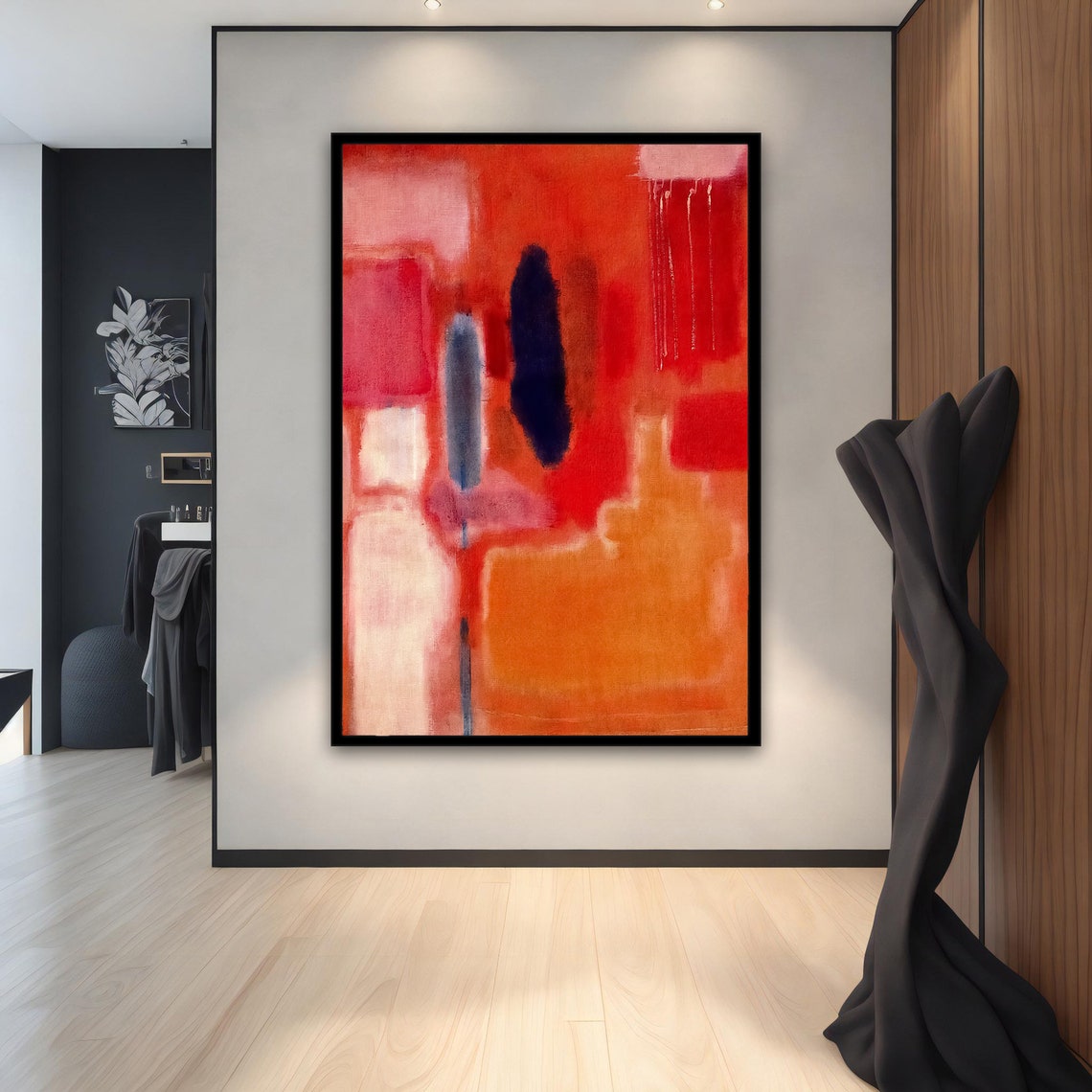 Rothko Style Red Orange Color Field Dark Blue Streaks Art Poster - Image 2