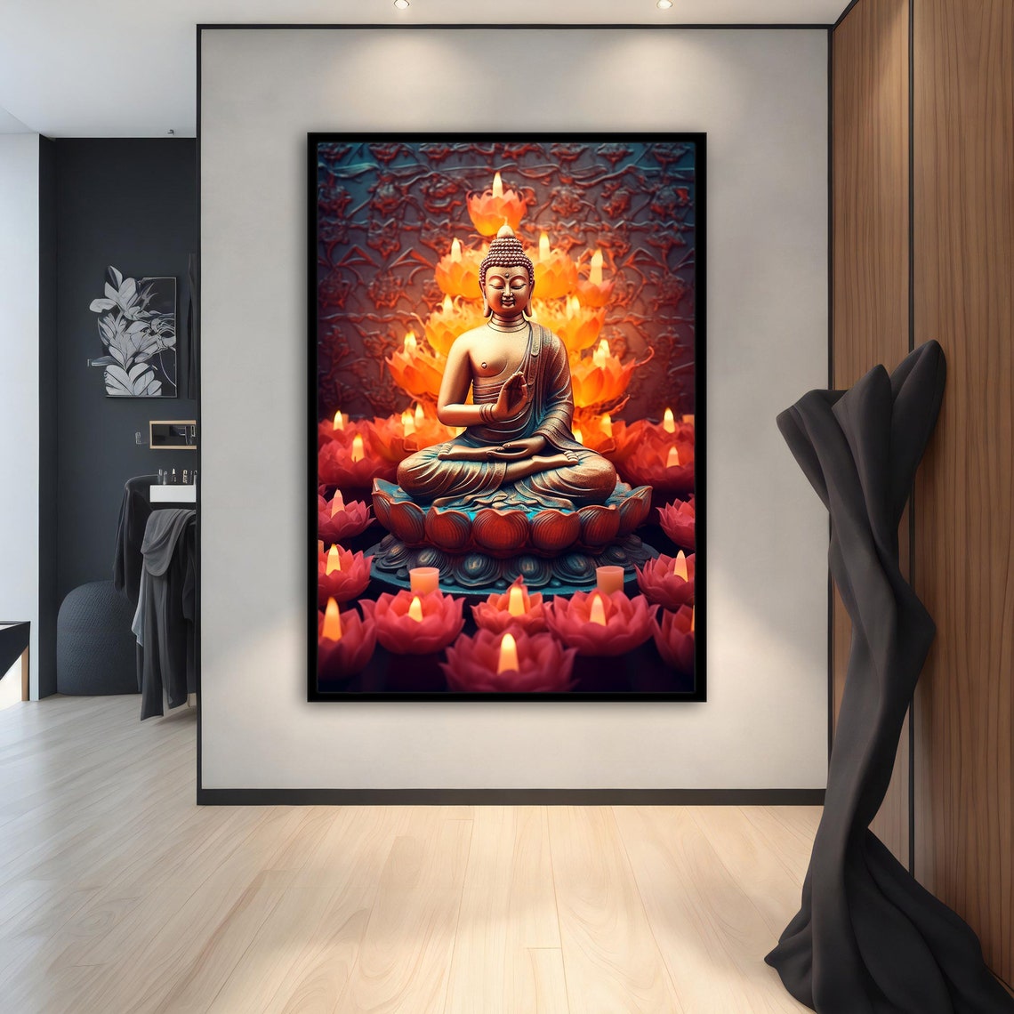Bronze Buddha Lotus Throne Red Candles Dark Asian Art Poster - Image 2
