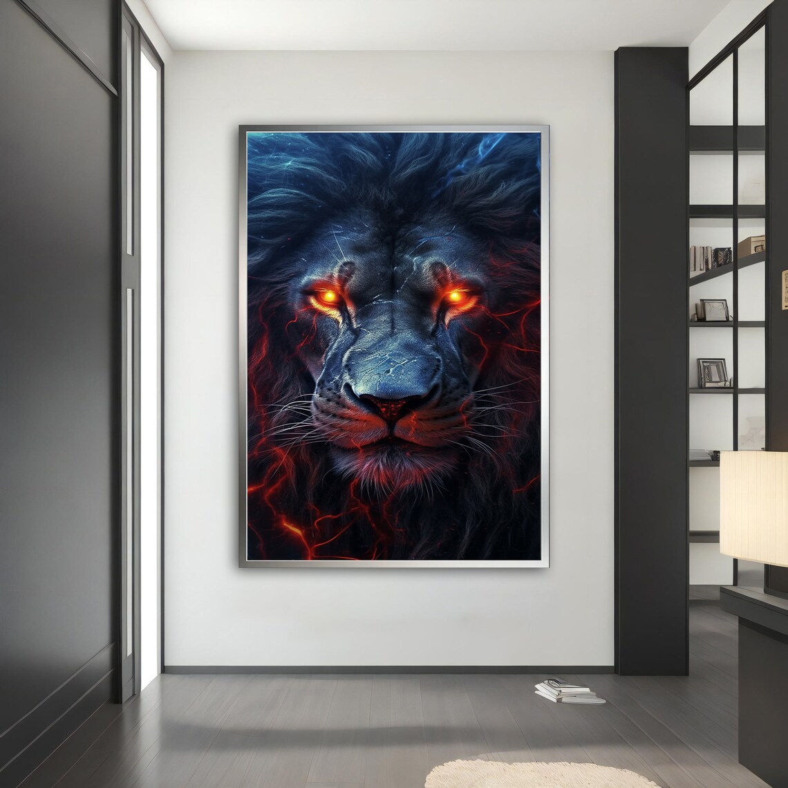 Dark Fierce Lion Glowing Orange Eyes Lava Mane Fantasy Beast Art Poster - Image 5