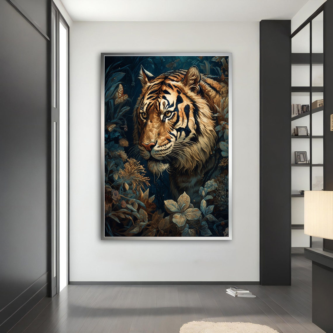 Tiger in Jungle Flowers Butterflies Dark Botanical Animal Poster - Image 5