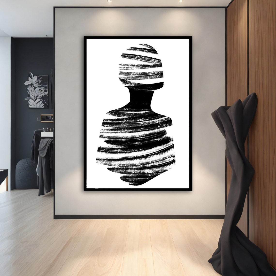 Minimalist Black White Striped Woman Silhouette Abstract Wall Art - Image 2