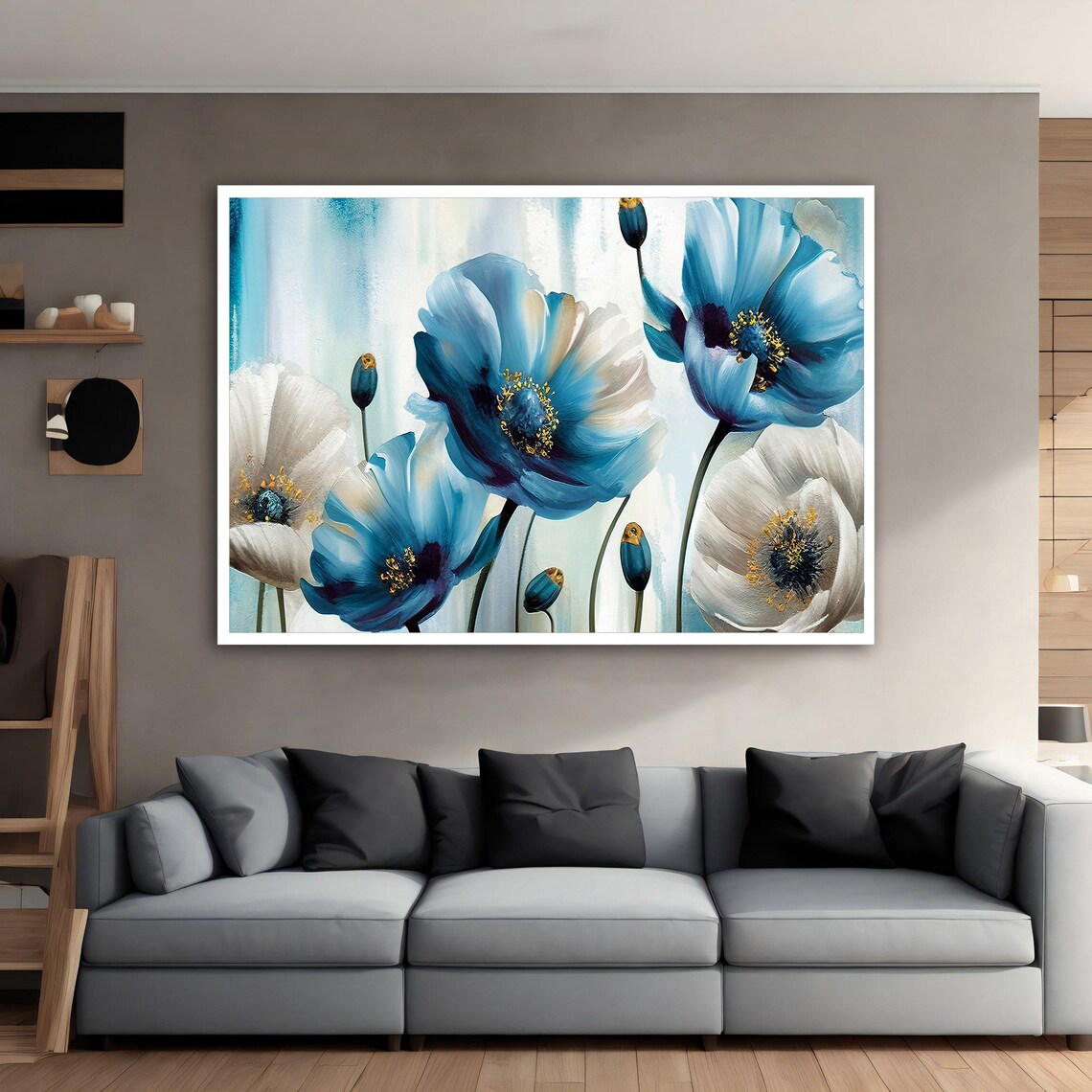 Blue White Poppy Flowers Gold Centers Bright Fresh Floral Poster - Image 5