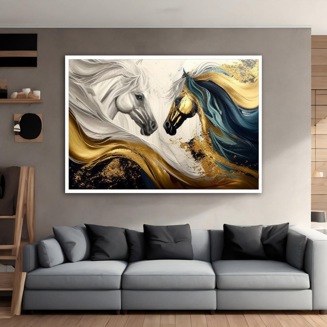 Two Noble Horses Facing Gold White Flowing Manes Animal Poster - Image 4