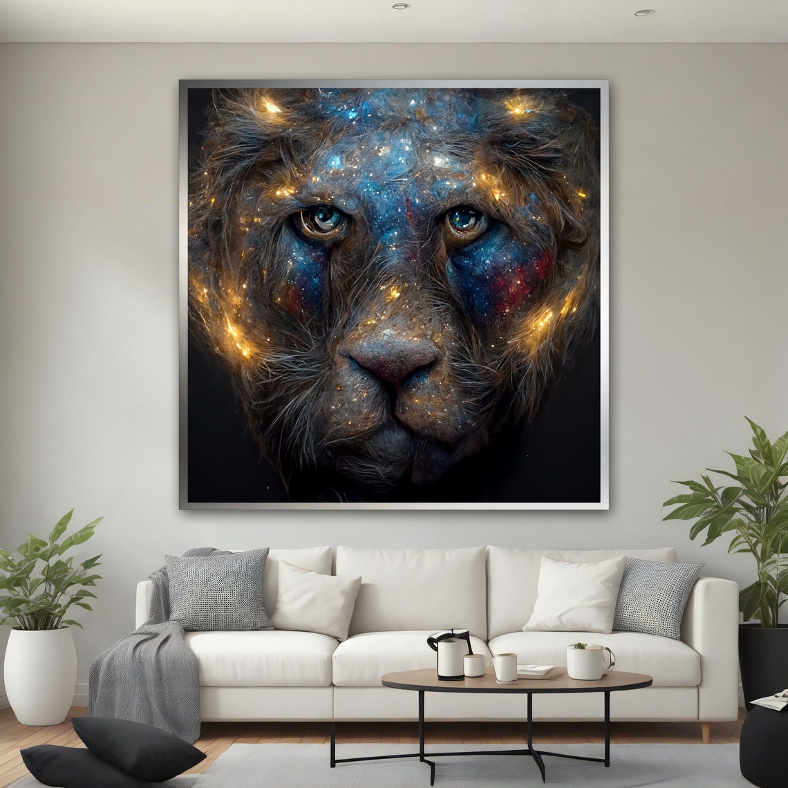 Galaxy Lioness Face Starry Cosmic Blue Gold Dark Animal Art Poster - Image 2