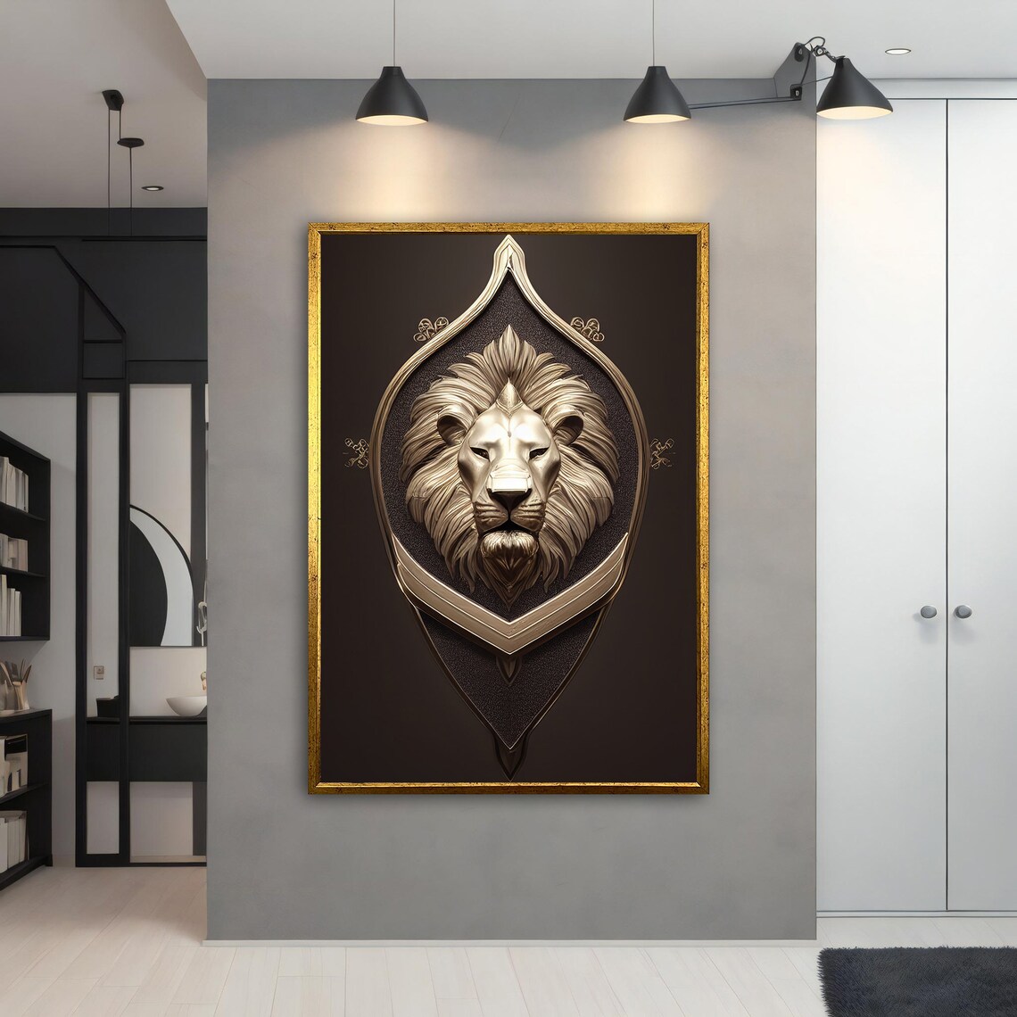 Silver Lion Head Shield Crest Emblem Luxury Metallic Animal Art Wall Poster - Image 5