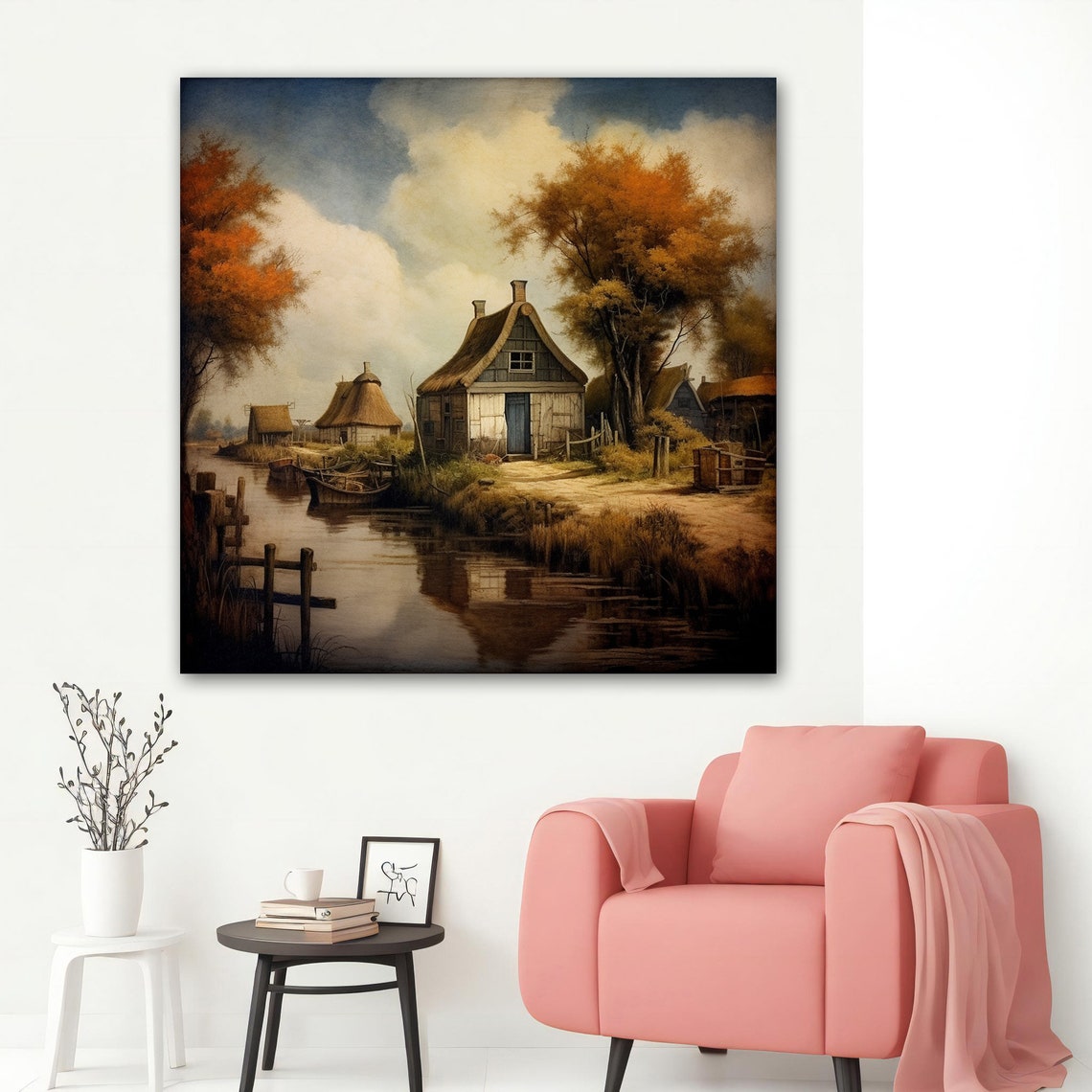 Autumn Village River Thatched Cottages Old Town Fall Art Poster - Image 2
