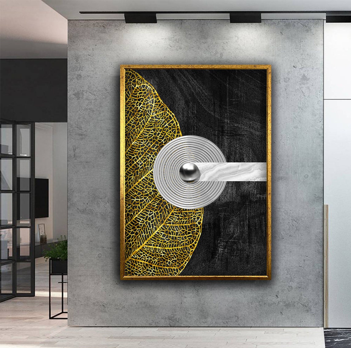 Black and Gold Leaf Skeleton Circle Marble Modern Wall Art Poster - Image 5