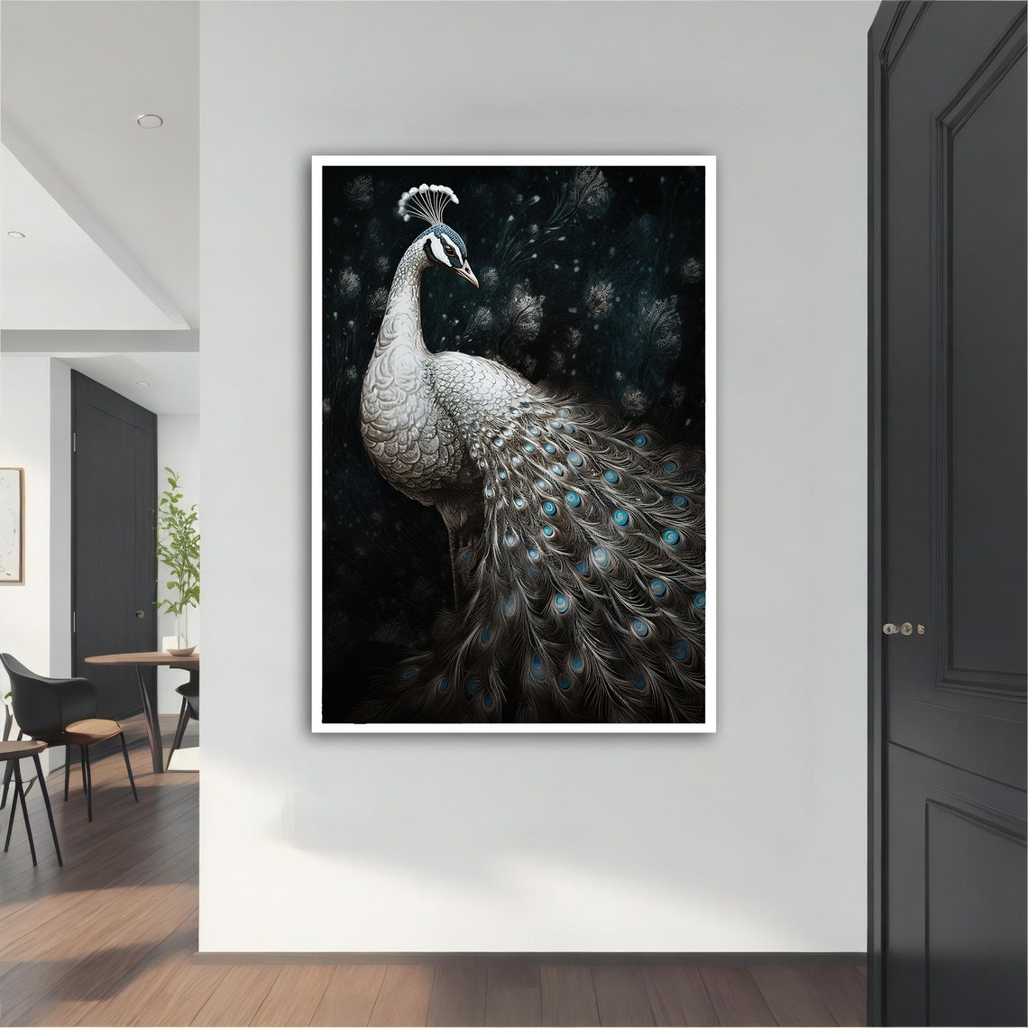 White Peacock Silver Plumage Black Background Elegant Animal Poster