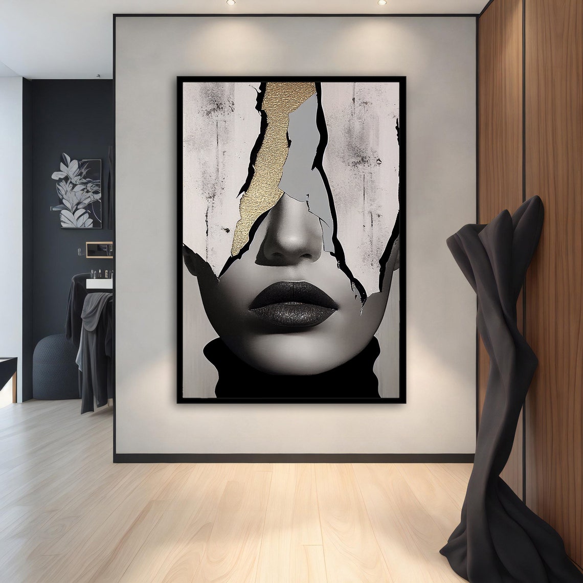 Surreal Cracked Face Woman Gold Leaf Black White Portrait Wall Art - Image 3