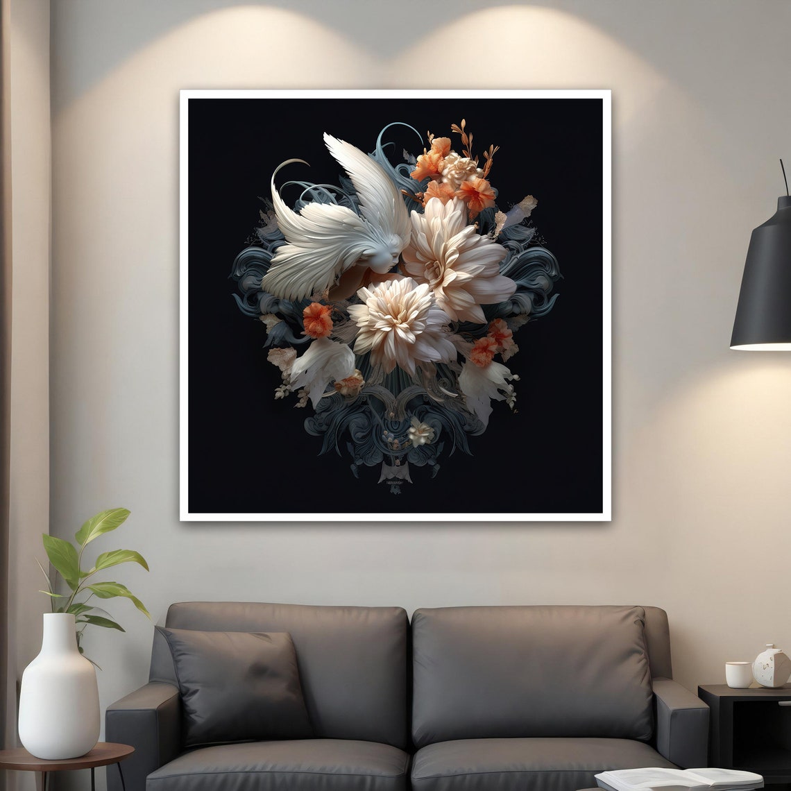 White Flowers White Bird Black Background Ornate Baroque Art Poster - Image 5