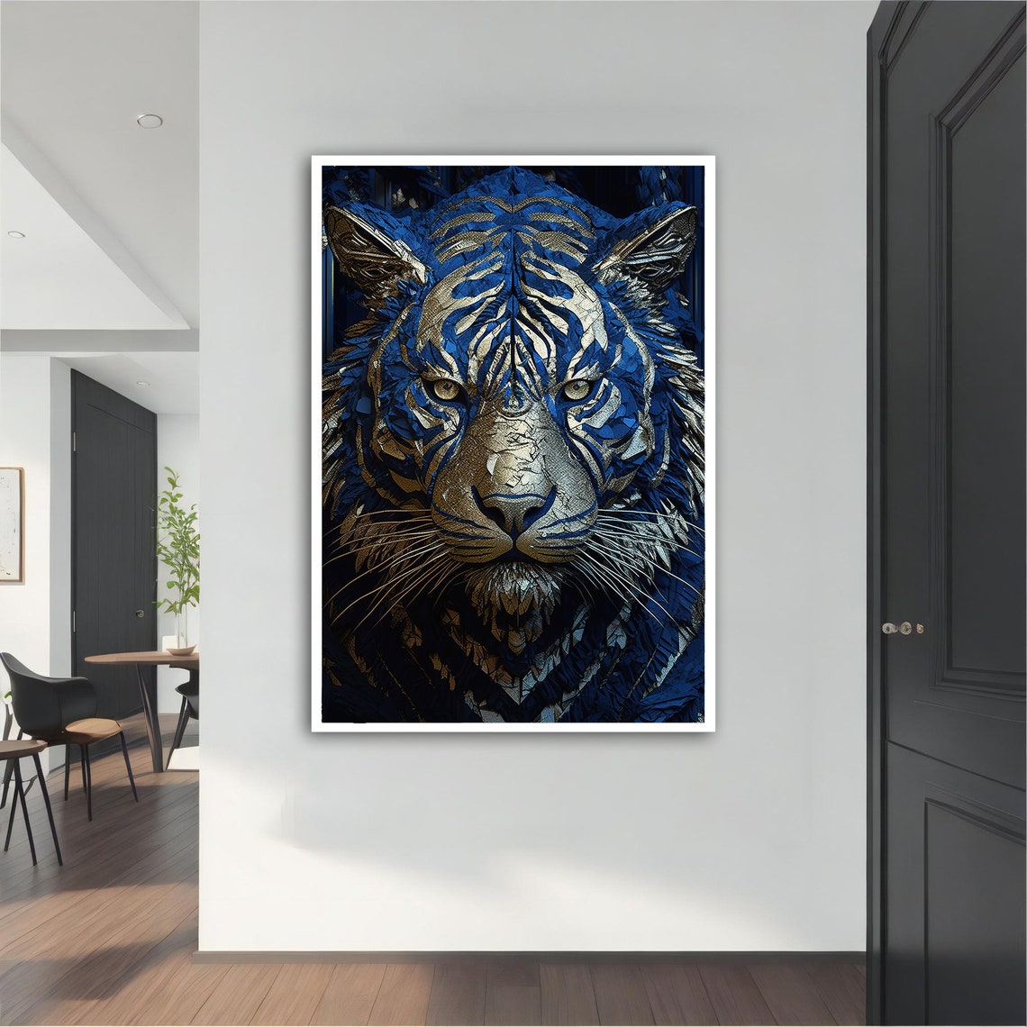 Blue Gold Tiger Face Geometric Crystal Mosaic Wall Art Poster