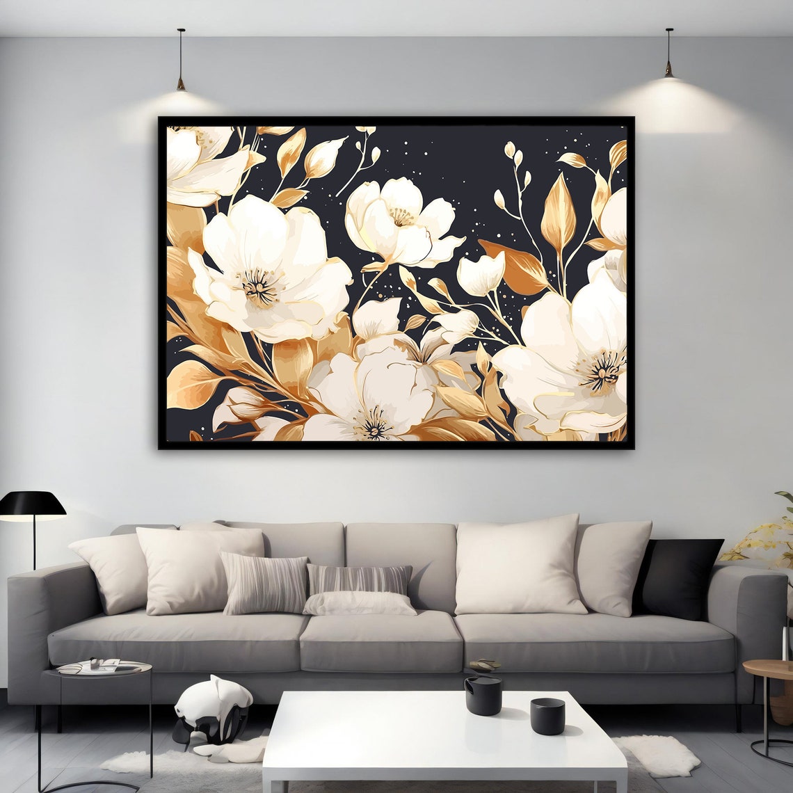 White Magnolia Blossoms Gold Leaves Dark Elegant Floral Poster - Image 2
