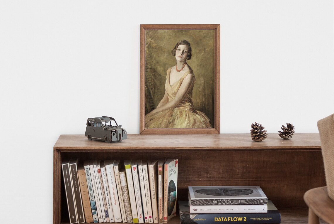 Woman in Gold Dress Coral Necklace Vintage Portrait Painting Poster - Image 2
