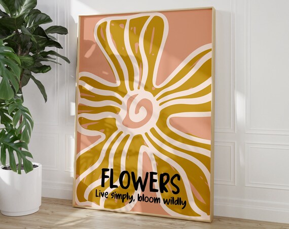 Abstract Colourful Flowers Print Retro Flowers Matisse Style Live Simply Bloom Wildly 1970s Retro Floral Wall Art Flower Home Poster