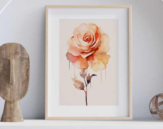 Peach Rose Artistic Watercolor Loose Drips Modern Floral Art Poster
