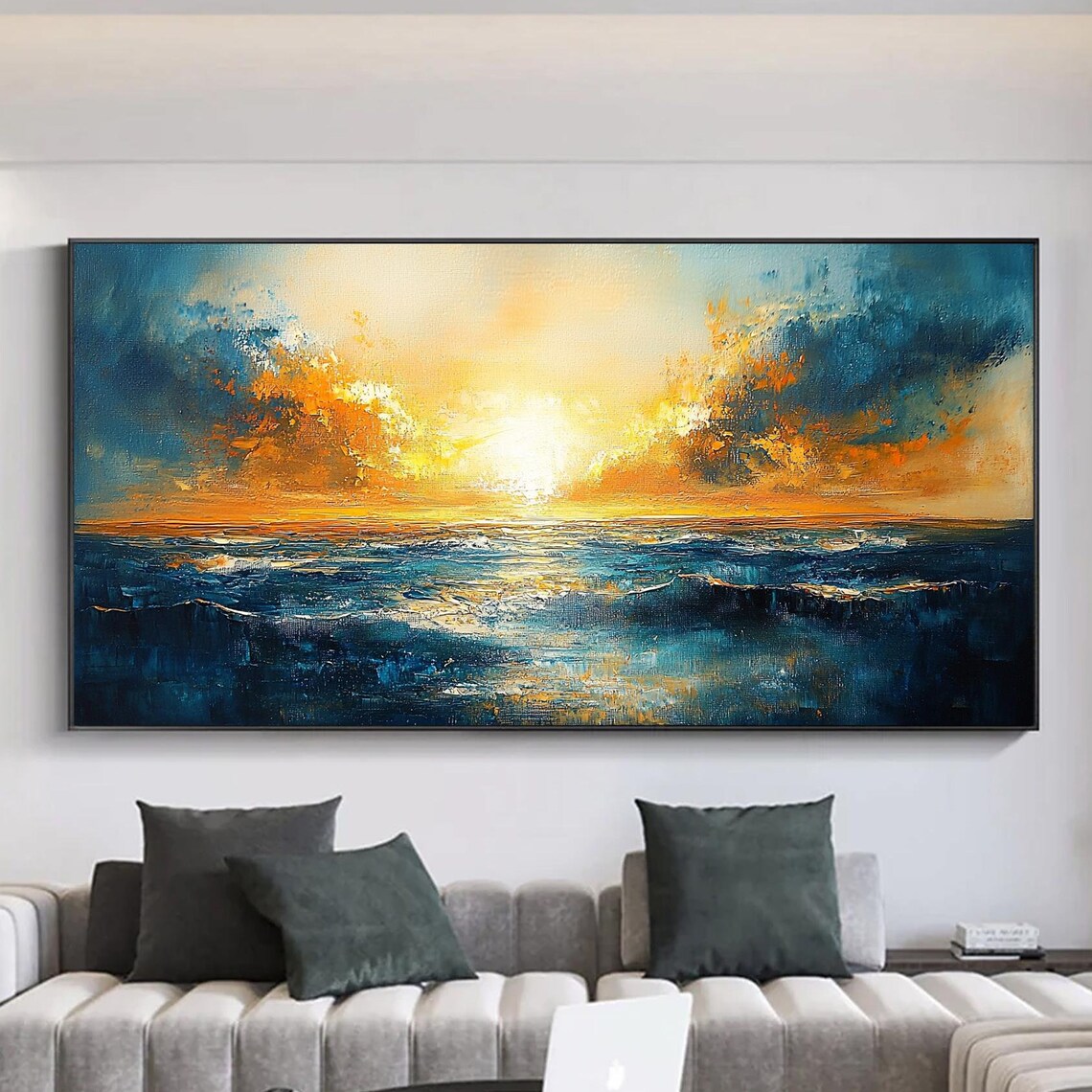 Golden Sunset Over Deep Blue Ocean Oil Style Seascape Art Poster