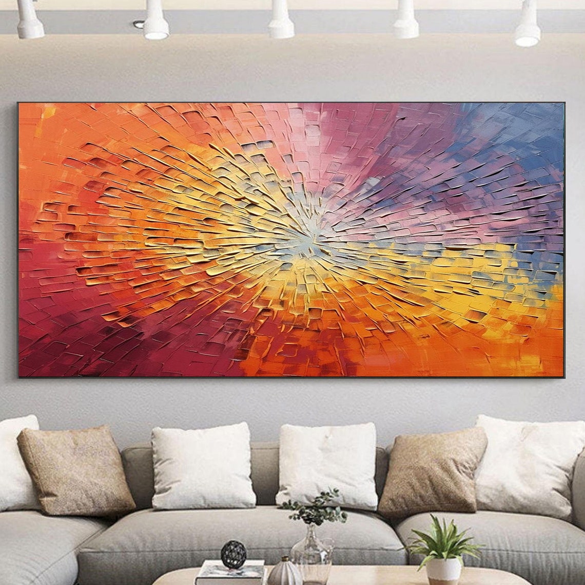 Multicolor Sunburst Radial Impasto Textured Abstract Painting Poster