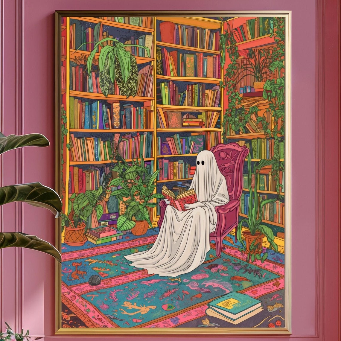 Cute Ghost In A Library Print Romantic Dark Academia Moody Cottagecore Spooky Decor Vintage Poster Gothic Painting Reading Ghost Pink - Image 4