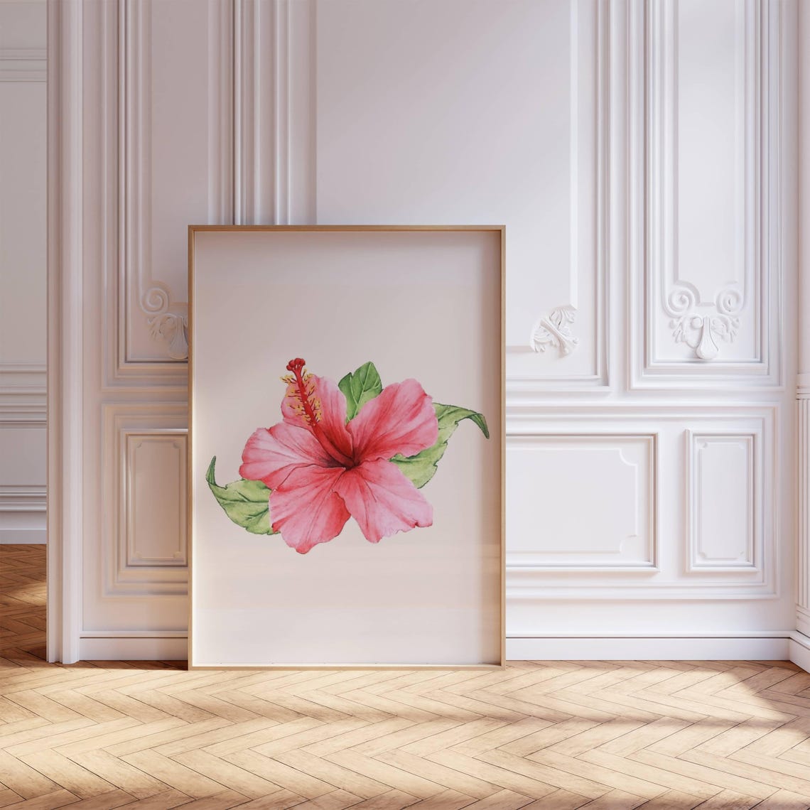 Pink Hibiscus Watercolor Single Bloom Botanical Art Print Poster - Image 2