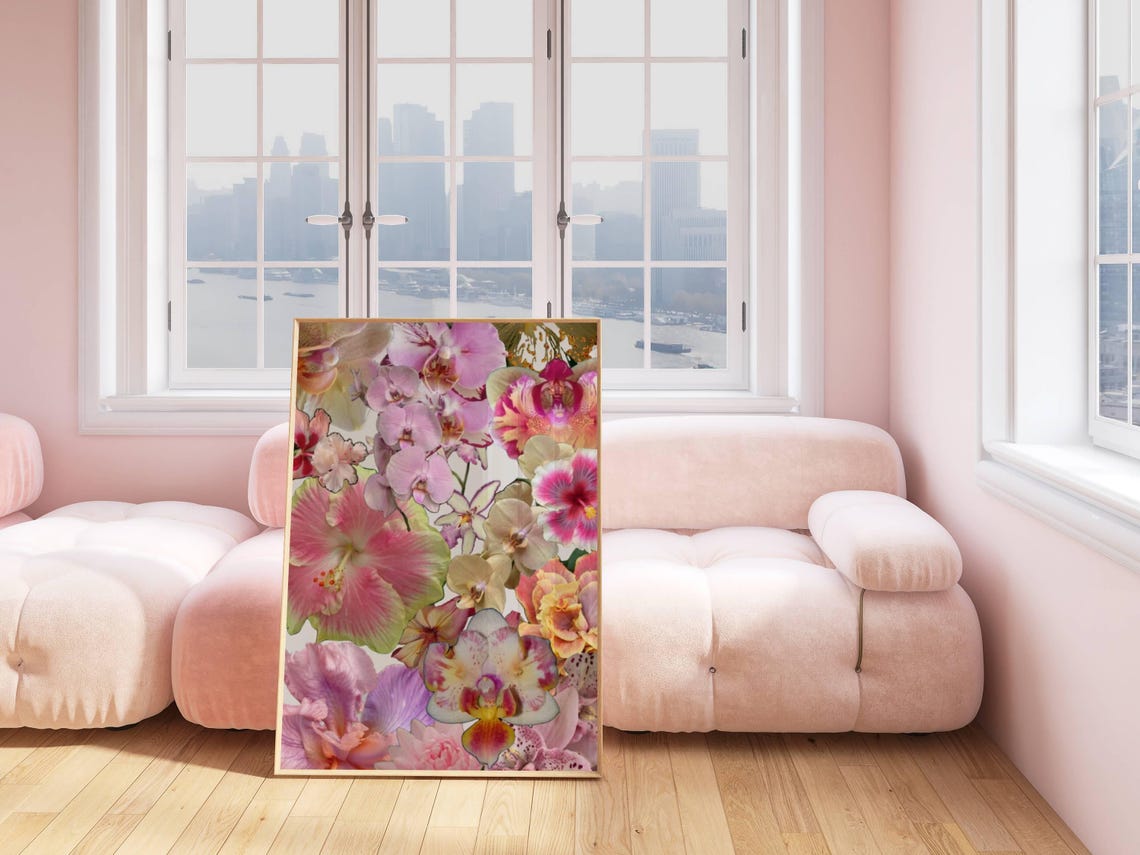 Pink Orchid Hibiscus Tropical Floral Collage Botanical Wall Art Poster - Image 3