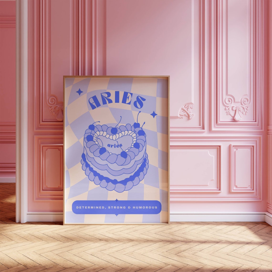 Aries Blue Birthday Cake Zodiac Star Sign Retro Checkerboard Poster - Image 3
