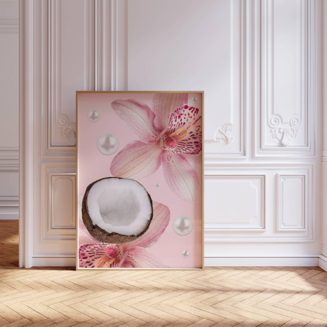 Pink Tropical Lily Coconut Half Pearls Preppy Beach Room Poster - Image 3