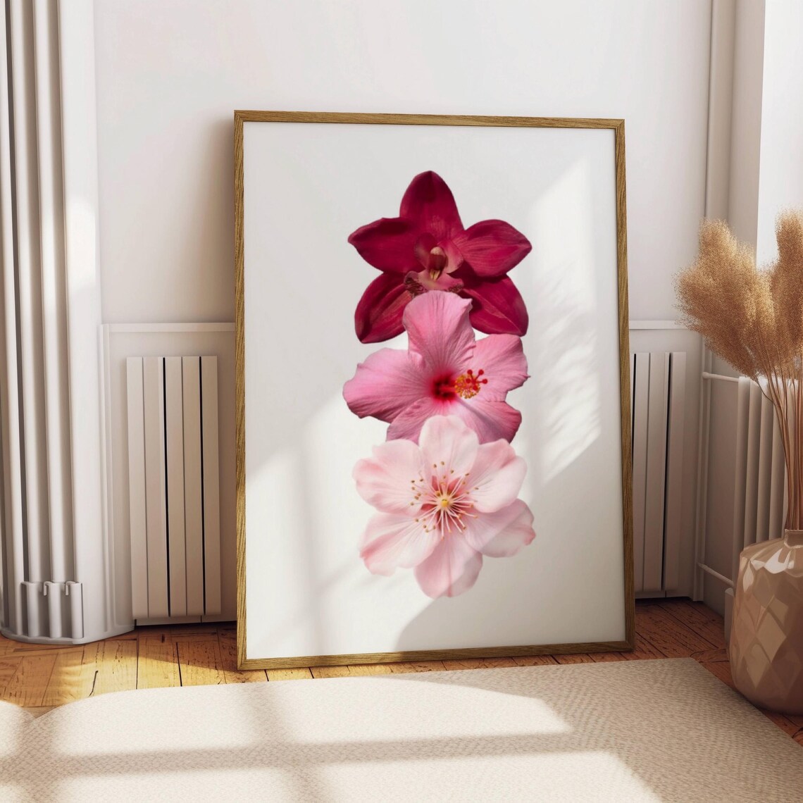 Red Pink Hibiscus Blossom Trio Minimalist Botanical Art Print Poster - Image 3