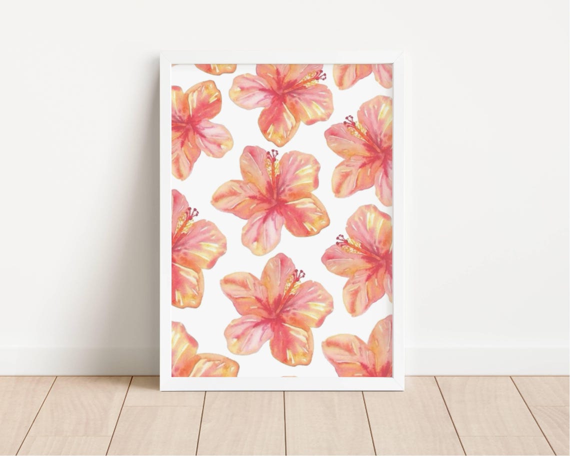 Coral Hibiscus Watercolor Scatter Peach Orange Blooms Floral Print - Image 2