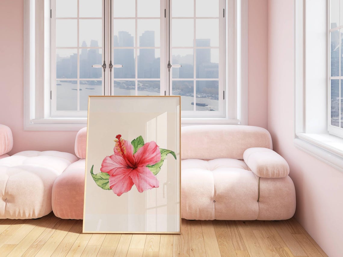 Pink Hibiscus Watercolor Single Bloom Botanical Art Print Poster - Image 3