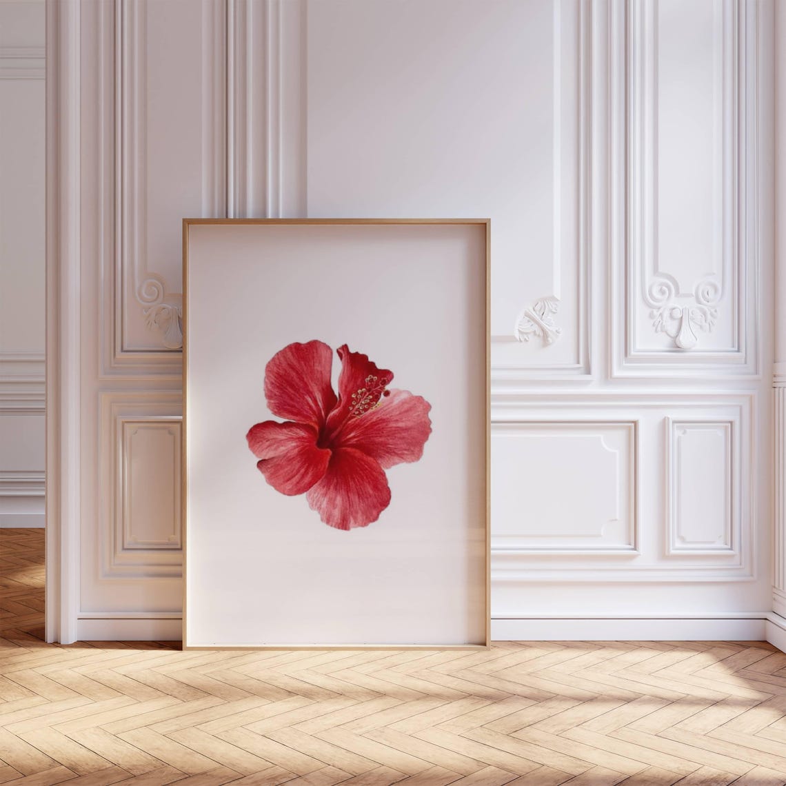 Red Hibiscus Flower Single Bloom Minimalist Botanical Art Print Poster - Image 3