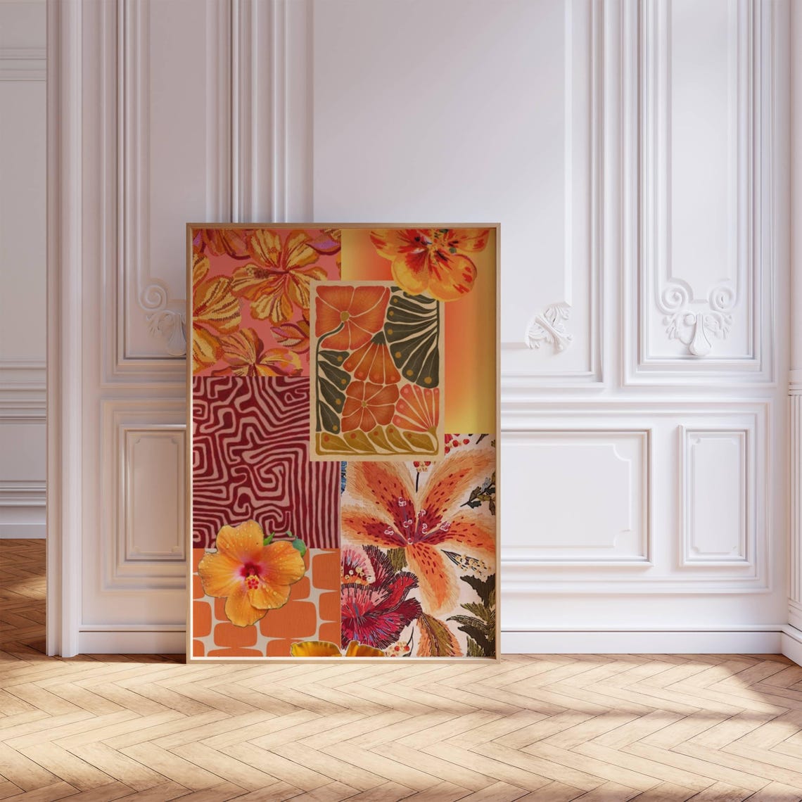 Orange Hibiscus Collage Maximalist Tropical Flower Patchwork Wall Art - Image 3